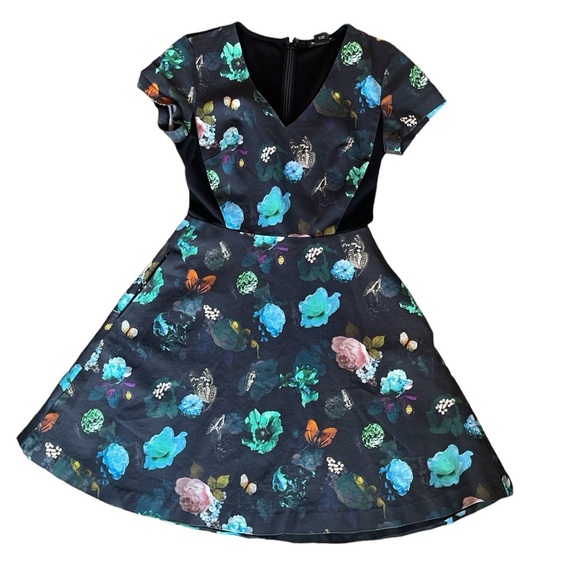 Club Monaco Aurelie Floral Fit And Flare Butterflies Dress Pockets Black Size 2 - Picture 1 of 10